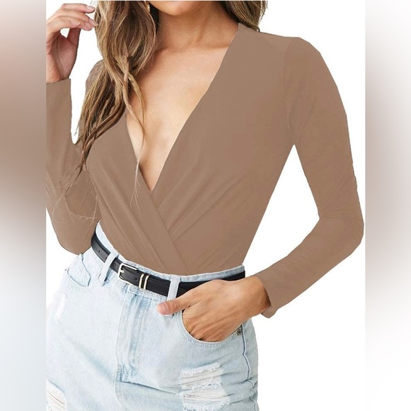 LINMON Mocha Long Sleeve Bodysuit Surplice Ruched Plunge V Neck Stretchy… - Picture 2 of 10